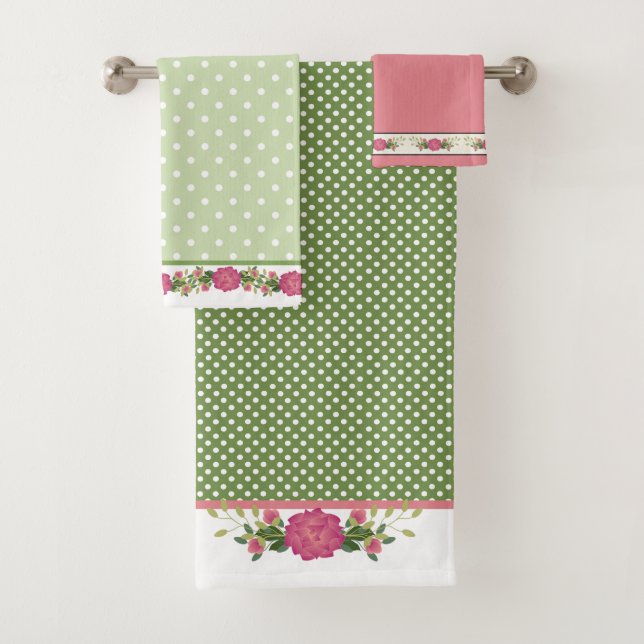 Wimsical Pink and Green Floral and Dots Bath Towel Set (Insitu)