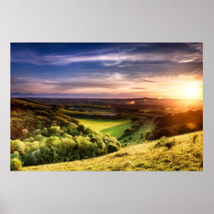 Winchester hill sunset across folding farmland poster