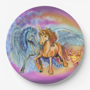 Wind and Flame Romantic pegasus and unicorn Paper Plate