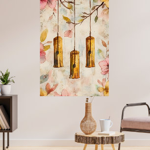 Wind chimes suspended from a flowering branch. poster