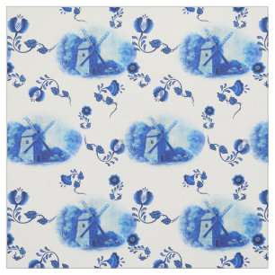 Wind mill, blue delft pattern, Folk floral print Fabric