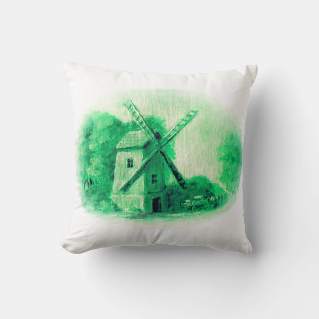 Wind mill, green delft pattern, Folk print Cushion (Front)