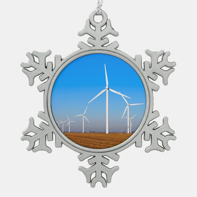 Wind Mill Landscape Snowflake Pewter Christmas Ornament (Front)
