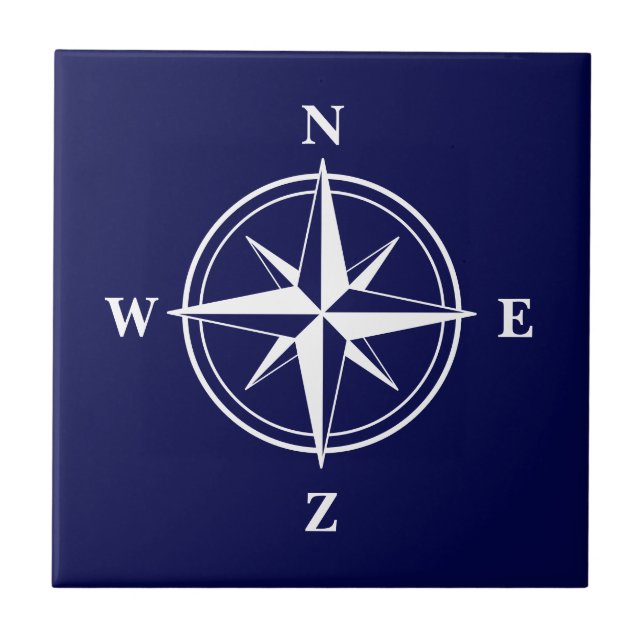 Wind rose compass star design nautical navy blue ceramic tile (Front)