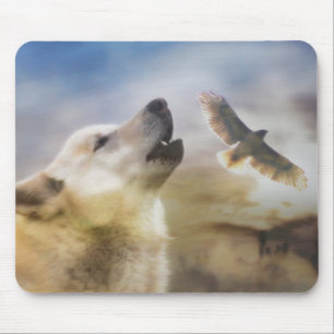 "Wind Talker"  Wolf and Redtail Hawk Mousepad