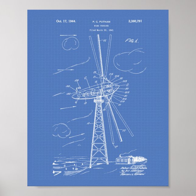 Wind Turbine 1944 Patent Art Blueprint Poster (Front)