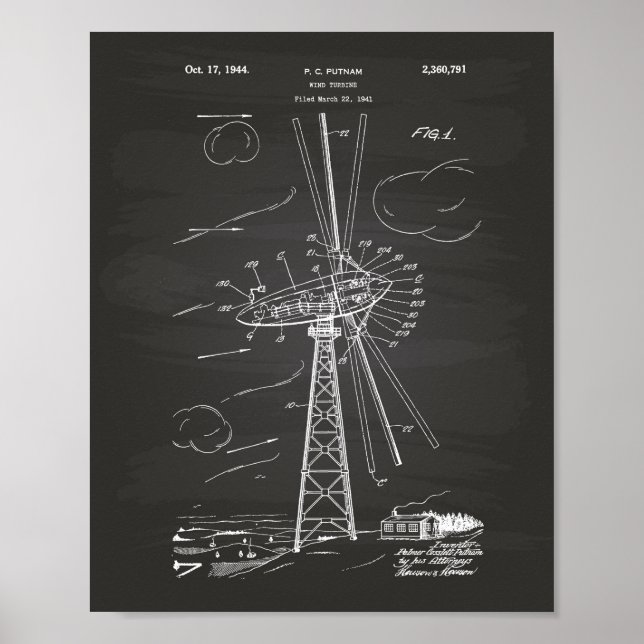Wind Turbine 1944 Patent Art Chalkboard Poster (Front)