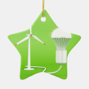 Wind turbine and glowing light bulb ceramic tree decoration