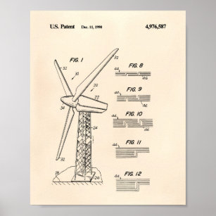 Wind Turbine Rotor 1990 Patent Art Old Peper Poster
