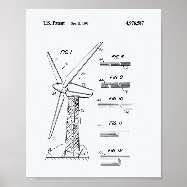 Wind Turbine Rotor 1990 Patent Art White Paper Poster (Front)