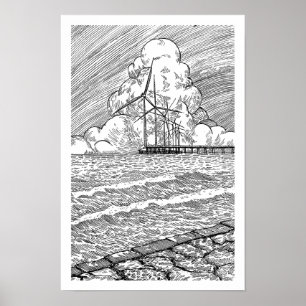 Wind Turbines Ocean Ink Drawing Poster