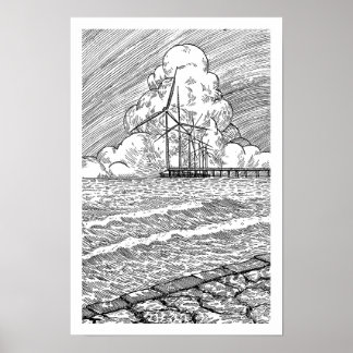 ​Wind Turbines Ocean Ink Drawing Poster