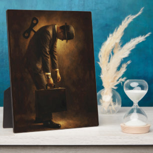Wind-Up Office Man Surreal Routine Grind Oil Paint Plaque