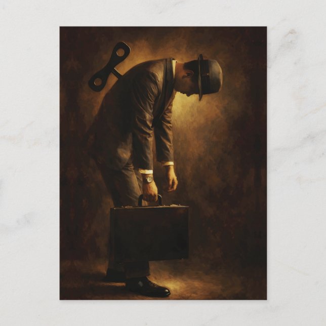 Wind-Up Office Man Surreal Routine Grind Oil Paint Postcard (Front)