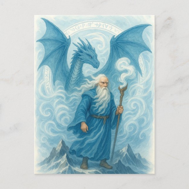 Wind Wizard and Dragon in Blue Watercolor Fantasy Postcard (Front)