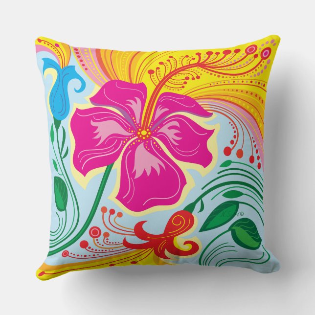 Windblown Tropical Flowers Cushion (Back)