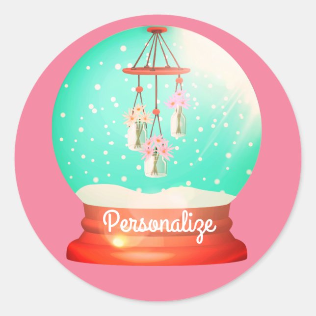 Windchime snow globe cute floral winter pink classic round sticker (Front)