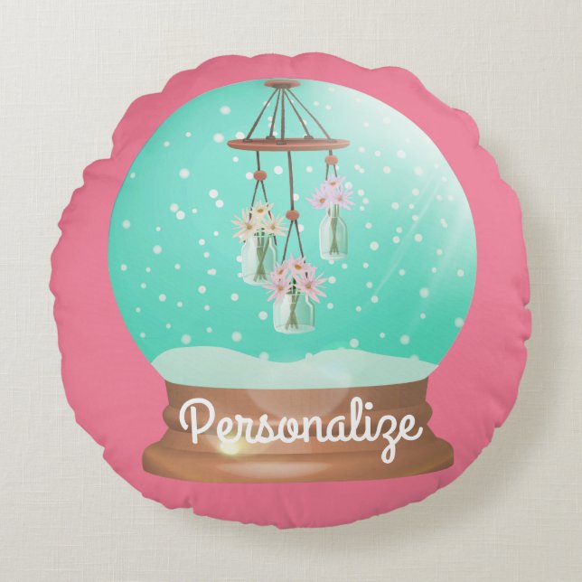 Windchime snow globe cute floral winter round cushion (Front)