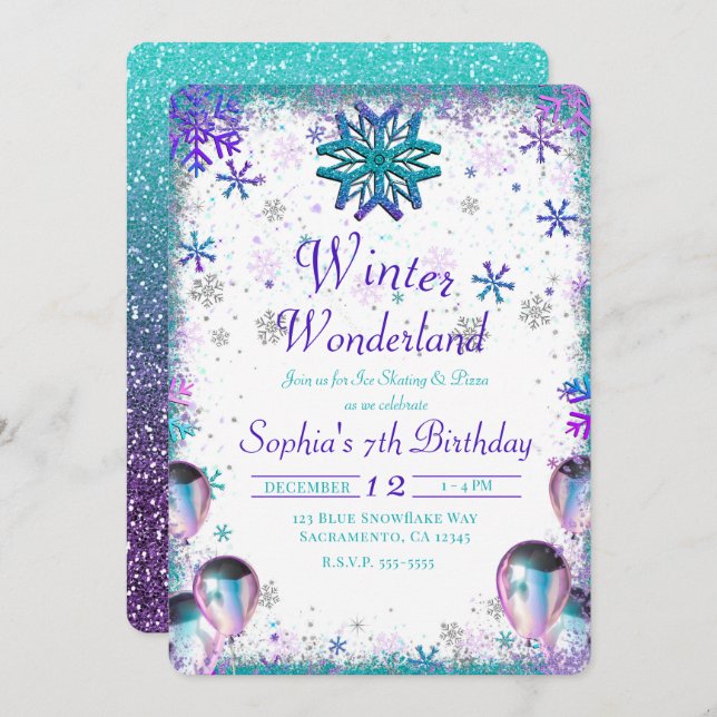 Winder Wonderland Teal Purple Birthday Party Invitation (Front/Back)