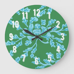 Winding Peony Woodcut in Green and Aqua Large Clock