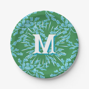 Winding Peony Woodcut in Green + Aqua Personalised Paper Plate