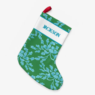 Winding Peony Woodcut in Green + Aqua Personalised Small Christmas Stocking