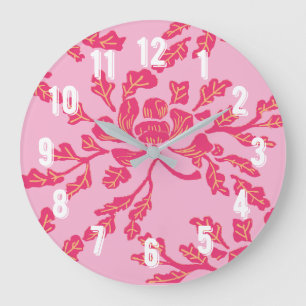 Winding Peony Woodcut in Pink and Orange Large Clock