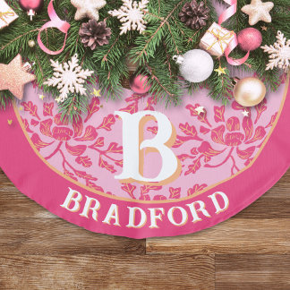 Winding Peony Woodcut Pink + Orange Personalised Faux Linen Tree Skirt