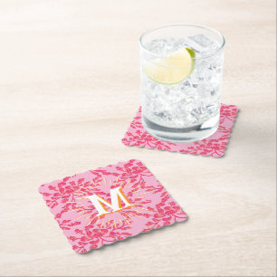 Winding Peony Woodcut Pink + Orange Personalised Paper Coaster