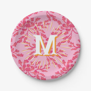 Winding Peony Woodcut Pink + Orange Personalised Paper Plate