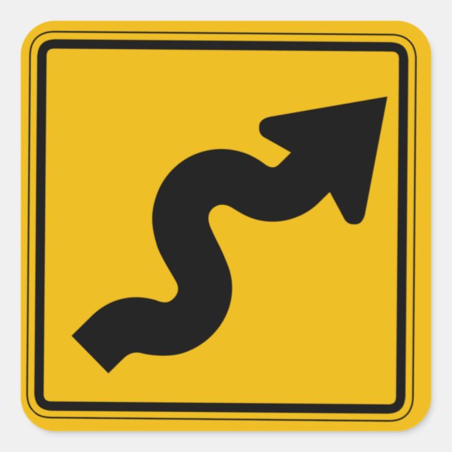 Winding Road Left, Traffic Warning Sign, USA Square Sticker (Front)
