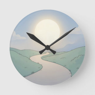Winding Road Sunset Minimalist Landscape Art Round Clock