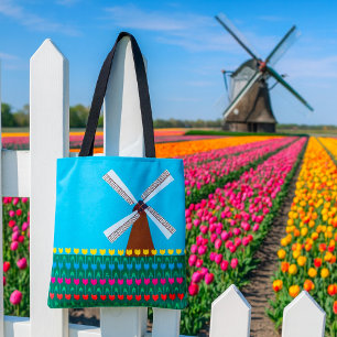 Windmill Amongst Tulip Flowers Tote Bag