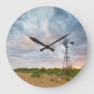Windmill And Clouds At Sunset Large Clock