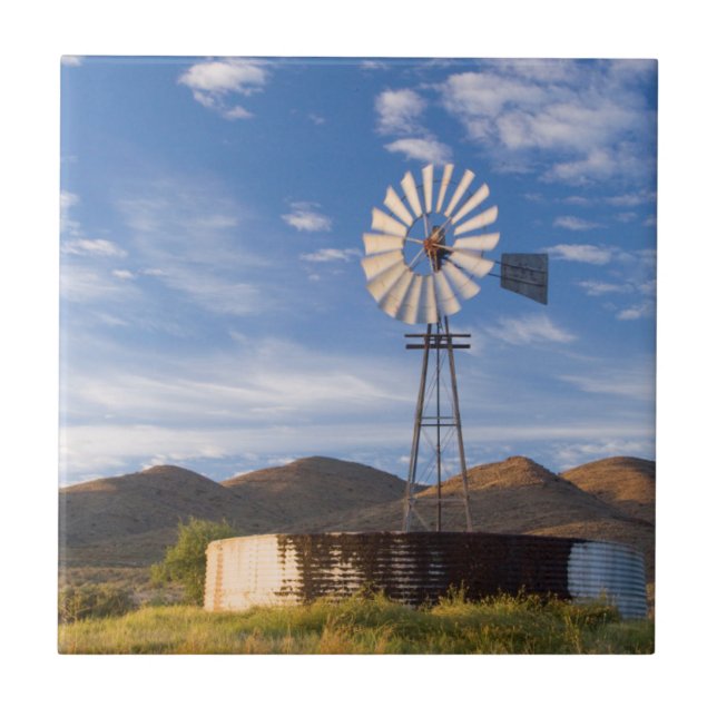 Windmill And Dam In The Karoo At Sunrise Ceramic Tile (Front)