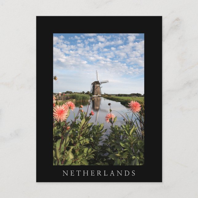 Windmill and flowers, Holland vertical black card (Front)