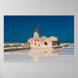 Windmill and salt pans at the salina of Trapani Poster