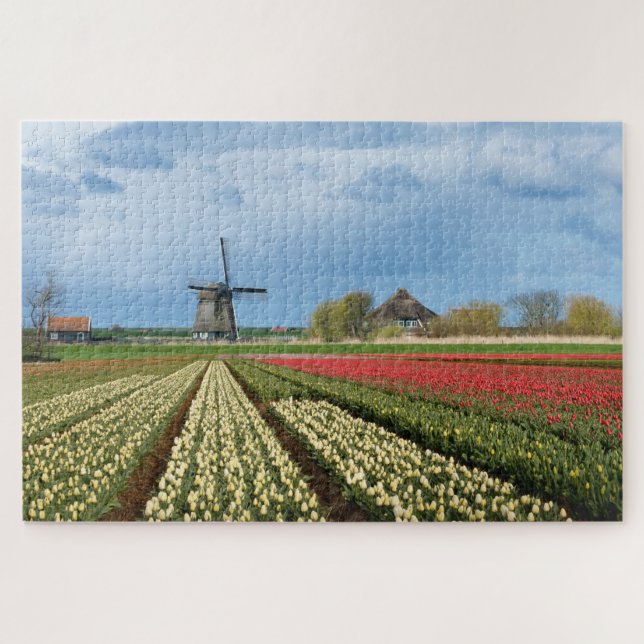 Windmill and tulips landscape in Holland Jigsaw Puzzle (Horizontal)