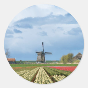 Windmill and tulips landscape round sticker