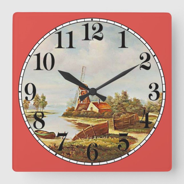 Windmill and Water Square Wall Clock (Front)