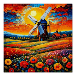 Windmill at sunset 7 poster