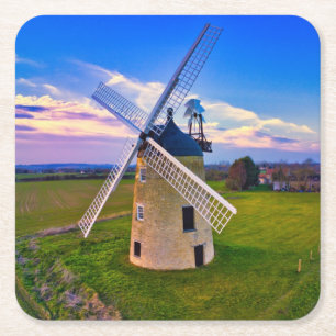 Windmill Blue Sky Square Paper Coaster