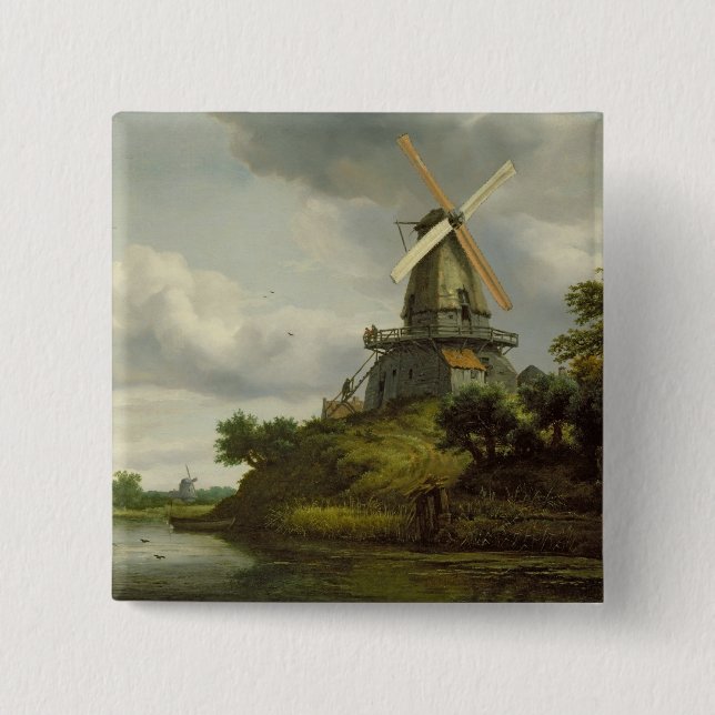 Windmill by a River 15 Cm Square Badge (Front)
