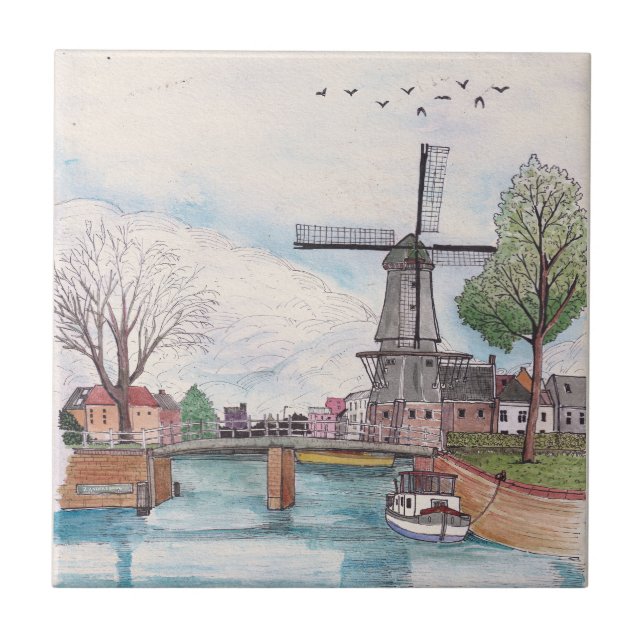 Windmill De Adriaan Haarlem Netherlands Watercolor Ceramic Tile (Front)