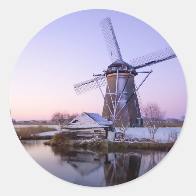 Windmill during sunrise in Holland round sticker (Front)