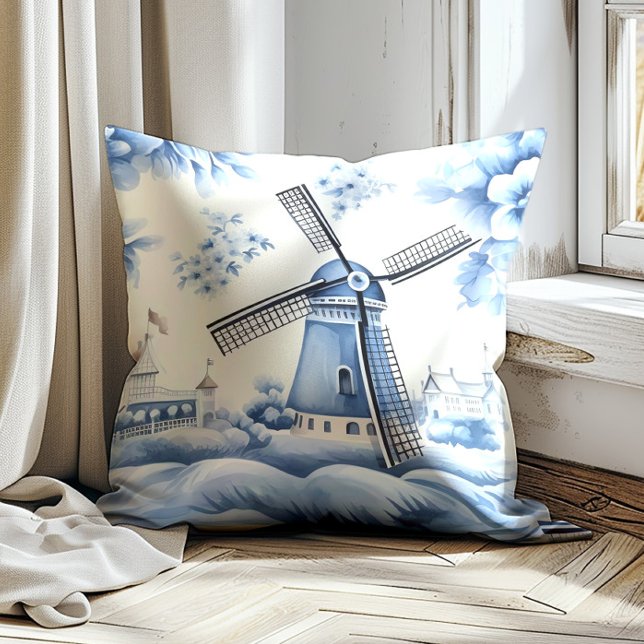 Windmill Dutch Delft Blue Vintage Cushion (Vintage blue windmill decorator pillow)