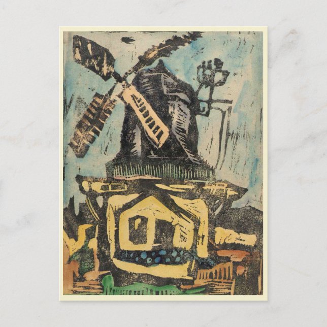 Windmill Hand Coloured Woodcut Graphic Postcard (Front)