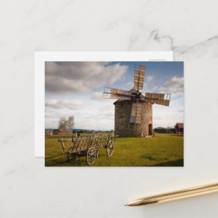 Windmill in Green Field & White Clouds & Blue Sky Postcard