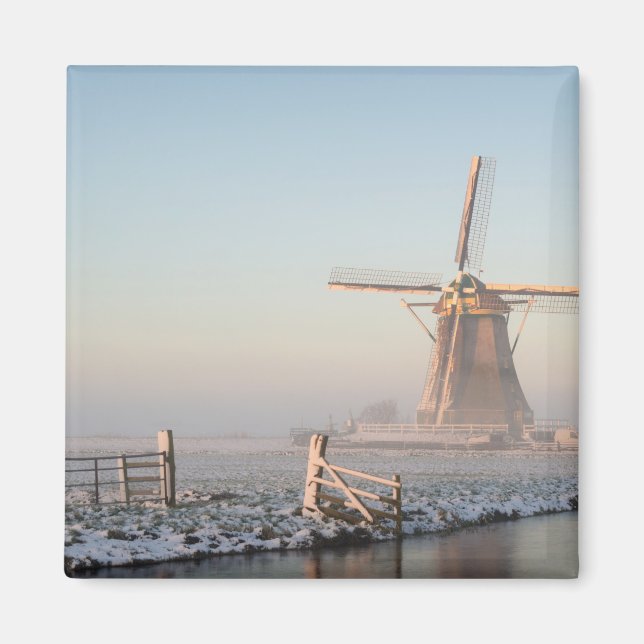 Windmill in the snow at sunrise square magnet (Front)