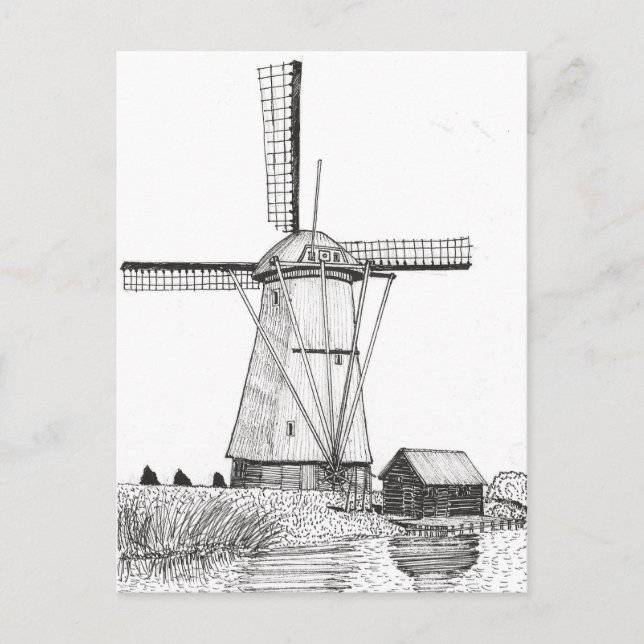 Windmill Netherlands Pen and Ink Illustration Postcard (Front)